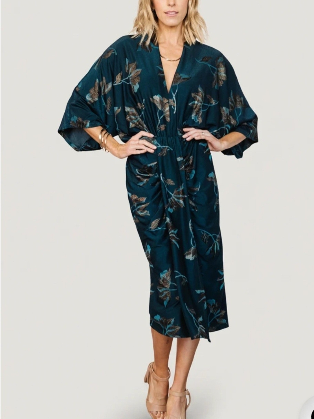 Baltic Born NWT Shaneen Ruched Midi Dress Womens XL Jade Floral Shimmer